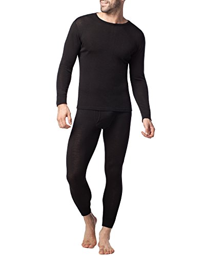 Lapasa Men's - 100% Merino Wool - Top and Bottom Set (L, Black)