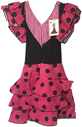 Sevillana Flamenco Dress Pink & Black Dots (Kids) (Size 2-Lenght 63 cm 25 inch)