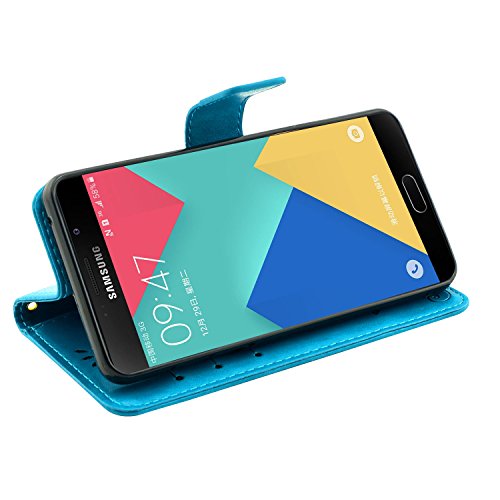 Galaxy A5 (2016) Hülle, Fraelc® Handyhülle Samsung Galaxy A510F 2016 Lederhülle Flip Tasche mit Kartenfächer und Standfunktion Schmetterling Blau Muster Schutzhülle mit 1x Displayfolie + 1x Eingabestift - 3