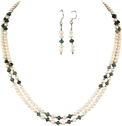 121.90 CARATS 2 STRAND NATURAL FRESHWATER PEARL &amp; CABOCHON GREEN EMERALD 925 STERLING SILVER BEADED GEMSTONE NECKLACE WITH EARRINGS