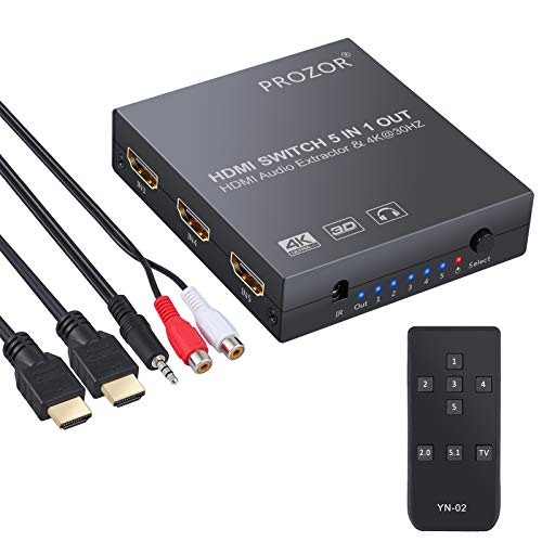 5x1 hdmi switch mit audio extraktor hdmi audio konverter mit ir-fernbedienung 3 fuß hdmi 1.4-kabel und 3,5-mm-stecker auf 2 cinch-stereo-audiokabel unterstützt 4k 3d