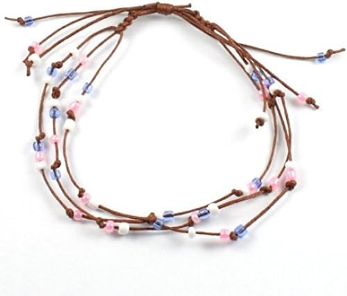 Gower Coast CraftsHandmade 3 String Pink and Blue Bead Surf Anklet on Chestnut Cord