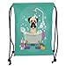 Produktbild OQUYCZ Drawstring Sack Backpacks Bags,Nursery,Pug Dog in Bathtub Grooming Salon Service Shampoo Rubber Duck Pets in Cartoon Style Image,Teal Soft Satin,5 Liter Capacity,Adjustable String Closu