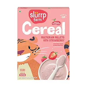 Slurrp Farm Multigrain Millets Cereal with Ragi, Strawberry and Rice Crispies, Instant Cereal for Growing Little Ones, No Refined Sugar or Salt, 300g
