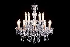 CHANDELIERS.SHOP Maria Theresa Lustre à 15 branches chromées – Diamètre 60 cm Verre vénitien – Lustre classique argenté 15 branches