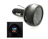 Testeador de batería, voltímetro digital, indicador de temperatura (termómetro)/Indicador de tensión, para mechero de coche, pantalla con cargador USB para iPhone, smartphones iPhone y otros dispositivos móviles (rojo y azul)