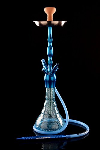 Kaya Shisha BRASS „ Blue Cracked“ Wasserpfeife Hookah, blaue Messing-Rauchsäule, Silikonschlauch, Alu-Mundstück