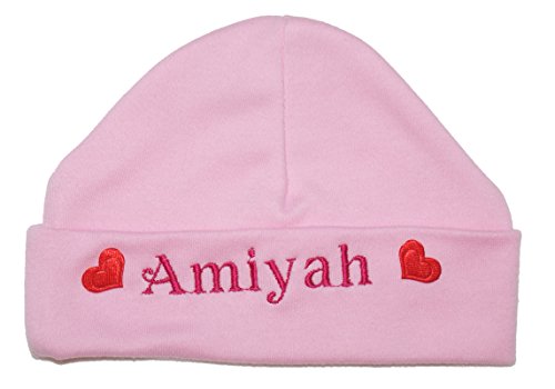 Little Hearts Baby Hat 100% Super Soft Double Layered Cotton Personalised & Embroidered with the name of your choice. (0-3 Months, Baby Pink & Red Hearts)