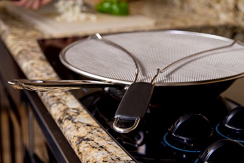 Engmaschiges Spritzschutzsieb aus Edelstahl mit Standfüßen mit hitzebeständigem Griff von LiveFresh Ein Fettschutz, der auf jeden Topf oder jede Pfanne passt und Spritzen verhindert,33 cm Durchmesser - 6