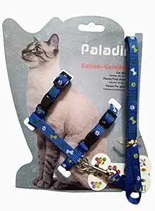 THE DDS STORE Cat Adjustable Nylon Harness Strap Collar with Leash Set Small Pet Walking Body Harness Set for Cats, Cat Rabbit and Small Pet Nylon Strap Collar with Harness Leash (Blue, Printed)