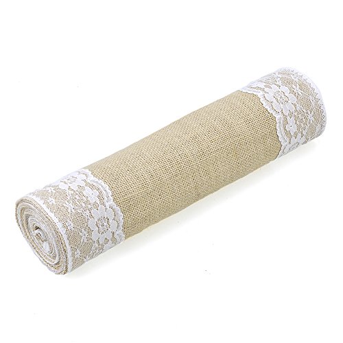 Jingxu Rustic Burlap Lace Tischläufer Natürliche Jute für Hochzeitsfeier als Tischdekoration Weiße Spitze (L) - 4