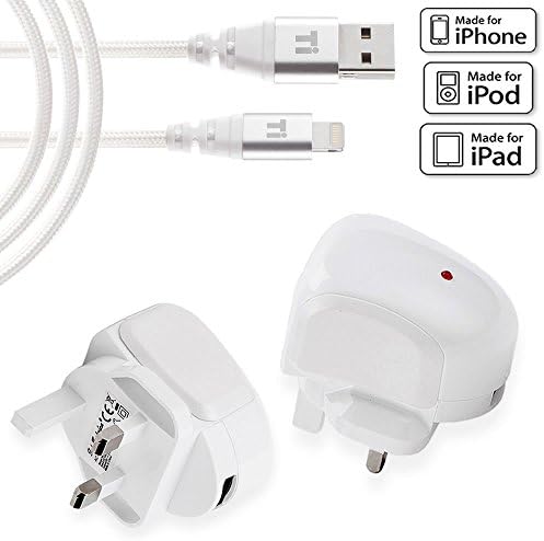 USB charger UK plug compatible with iPad 4, iPad Air, iPad Pro, iPad Mini, iPhone 5, iPhone 6 with nylon braided MFI certified Sync &amp; Charge USB cable