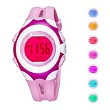 Kinder-Digital-Sportuhr mit Wecker, LED, analog, 7 Farben, mit Chronograph, wasserdicht, Kinderuhr, Rosa