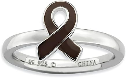 925 Sterling Silver Brown Enameled Awareness Ribbon Band Ring Stackable Fine Jewelry For Women Gift Set