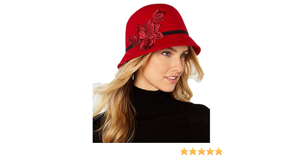 Flower-Applique Wool Felt Cloche Hat 