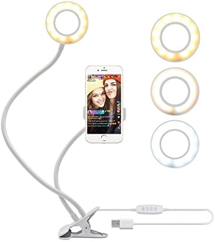 Selfie Ring Light (3 Lighting Model 10 levels brightness) with Clip Phone Holder for Live Stream,Video Chat,Makeup, Youtube, FaceBook, Bedroom, Kitchen, 48 LED Selfie Ring Light for iPhone, Android (White)