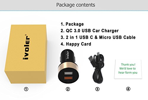 iVoler Quick Charge 3 0 30W 2 Puertos USB Cargador de Coche  QC 3 0 Puerto   Qsmart Puerto 5V 2 4A  con 2 en 1 Cable Cargador Micro USB y Tipo C para Samsung Galaxy S9 S9 Plus S8 S8  S7 S7 Edge  S6 S6 Edge   Note 8 5 4 Edge  LG G6 G5 G4  Asus Zenfone 4 3 2  HTC 10  One A9 M8 M9  Nexus 6  Xiaomi Mi 6 5  Huawei  Motorola Android smartphone  Tablette  iPhone  iPad  Batteries Externes  Chargeur Portable  etc  - Negro Oro