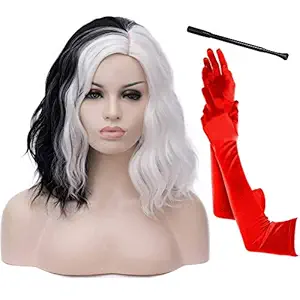 Black and White Wigs for Women Cruella Deville Costumes Short Curly Wavy Bob Hair Wig Cute Synthetic Wigs for Party Cosplay Halloween with Holder and 1920s Gloves AK009BW