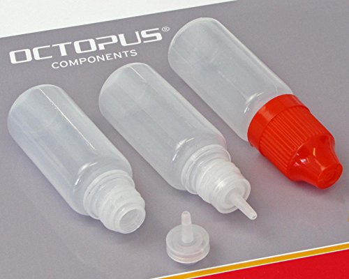 10 x 10 ml Octopus Tropfflaschen, zur Dosierung von Flüssigkeiten, E-Liquids, Augentropfen, leere LDPE Kunststoffflaschen transparent, Plastikflaschen mit rotem Tropfverschlüssen, mit Kindersicherung, inkl. 10 Beschriftungsetiketten - 2