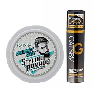 Gatsby Hair Styling Pomade - Urban Dry 75gm With Set & Keep Hair Spray - Extreme Hold 66ml | For Side Swept Style | Non Sticky & Oil Free | For Daily Use | Made in Indonesia