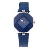 GossipyBoy Ladies Fashion Hexagonal Rhombus Dial Quartz Wrist Watch with Rhinestone Decoration Leather Bracelet Blue