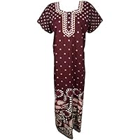 Mogul Interior Womens Resort Wear Caftan Neck Embroidered Maroon Cotton Kaftan House Dress L