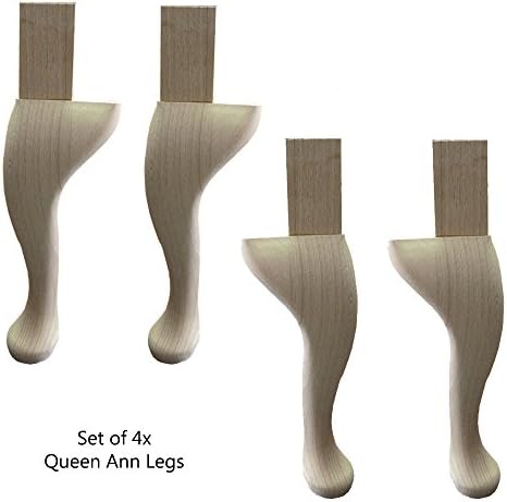 Set of 4x Queen Ann Legs - Solid Beech Hardwood - Made in the UK - Unfinished / ITW / In the White / Raw - with wooden block