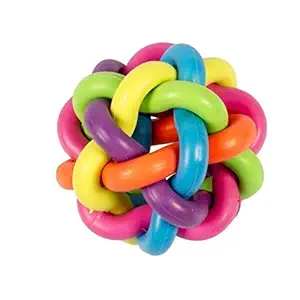 Kiki n Pooch Cat Chew Knot Ball Woven Braided Rainbow Bouncy Rubber Toy with Jingle Bell Inside for Pet Training and Teeth Cleaning (Multicolour, Small)