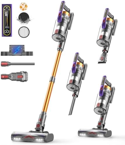 CHEBIO Aspirapolvere senza fili, 48 KPA/580 W/65 minuti, batteria da 1,6 l, con display a LED e spazzola anti-groviglio, autoportante, ultra silenzioso, per peli di animali, pavimenti duri, tappeti