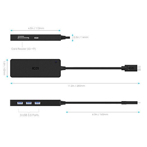 ICZI USB C Hub, 3x USB 3.0 port, 1x HDMI port (4K), 2x Kartenleser (SD&TF) und 1x USB C PD port (Power Delivery), vernickelt Stecker, schlank Entwurf mehr dünn, für New Macbook, Macbook Pro 2016, Google Pixel C, usw. Schwarz - 3