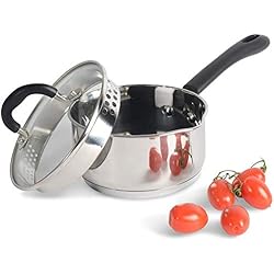 ProCook Gourmet Stainless Steel - Petite Casserole Induction - Poêlon INOX 18 10 - Becs Verseurs - avec Couvercle Passoire Verre Trempé - Poignée Silicone Isolant - 14 cm / 1,1 l