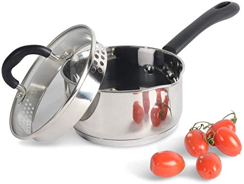 ProCook Gourmet Stainless Steel - Petite Casserole Induction - Poêlon INOX 18 10 - Becs Verseurs - avec Couvercle Passoire Verre Trempé - Poignée Silicone Isolant - 14 cm / 1,1 l