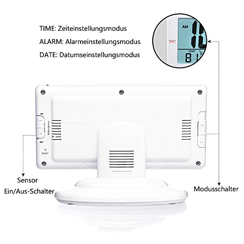 DreamSky Digitalwecker Tischuhr, Uhrzeit, Alarmzeit, Datum, und Temperaturanzeige, laut, ansteigender Weckton, Schlummerfunktion, 5,5 Zoll großes LCD Display mit intelligenter Hintergrundbeleuchtung, Batteriebetrieb, Weiß - 3