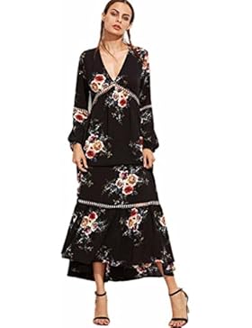 Damen Kleid Longra Boho Long Maxi Kleid Damen V-Ausschnitt Langarm Blumen Casual Beach Party Kleid