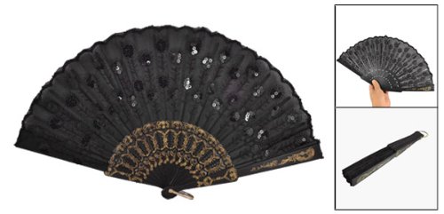 Plastik Holzrahmen Stickerei Blumenmuster Detail Umklappbar Hand Fächer Schwarz - 2