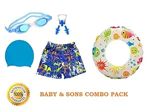 Baby & Sons Kids / BOY Swimming Kit with 1 Swimming Shorts | 1 Swimming Shorts, 1 Anti Fog Swimming Goggles, 1 Silicone Swimming Cap, 1 Nose Clip 2 Ear Plugs with Swimming Ring (4-5 Years, Blue)
