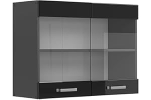 Vicco Armario de Cocina con Vidrio R-Line, Negro Brillo Intenso/Antracita, 80 cm