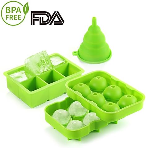 AQV Ice Cube Moulds, Ice Tray 2-Inch Large Size Flexible Silicone Ice Cube Trays, 1.7-Inch Ice Balls Maker for Ice, Jelly, Pudding, Freezer, Whiskey and Cocktails with Free Funnel, Set of 3, Green