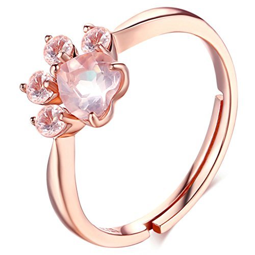 Preisvergleich Produktbild Meow Star Ring Katzenpfote Rosenquarz Sterling-Silber Ring für Katzenliebhaber