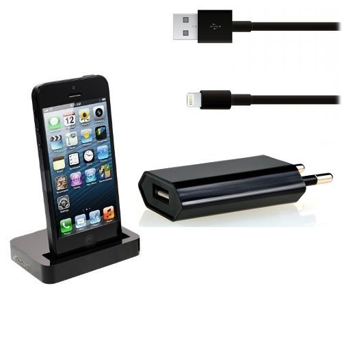 Original iProtect Super 3 in 1 Set schwarz Dockingstation / Ladestation und USB Datenkabel / Ladekabel und Netzteil / Adapter für Apple iPhone 5 5s 5c, iPod Touch 5G, iPod Nano 7G