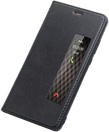 ERLI Huawei P10 Plus Case, Cowhide [GENUINE LEATHER] Ultraslim Flip Cover Case[Smart Window View] + Intelligent Sleep + PC Material Bottom Shell (Black)