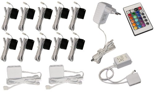 Trango 10er Set TG5022-10 RGB Farbwechsel LED Glaskantenbeleuchtung I Schrankbeleuchtung I Glasbodenbeleuchtung I Vitrinenbeleuchtung Clip I Möbelbeleuchtung I Vitrine Beleuchtung
