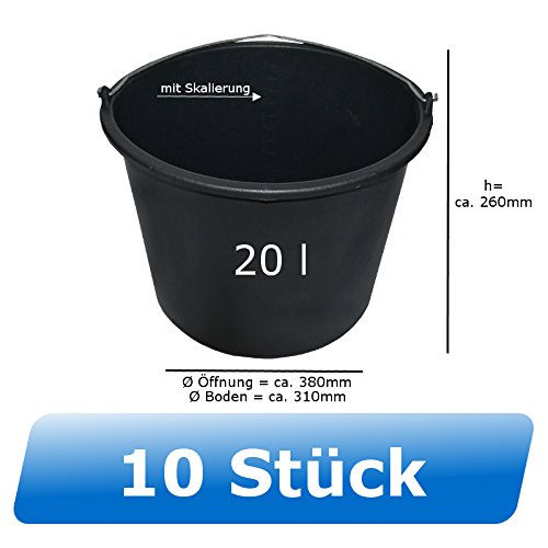 10x Baueimer - Mörteleimer - Putzeimer - extra stabil mit Henkel und Skalierung - 20l, 20 Liter