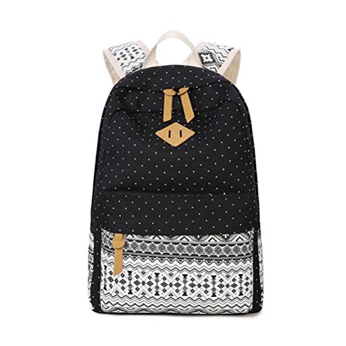 Preisvergleich Produktbild Lounayy Canvas Rucksack Damen Mädchen Teenager Schulrucksack Mit Punkte Rucksäcke Baumwollstoff Schultasche Schulranzen Daypacks Backpacks Freizeit Universität (Color : Schwarz)