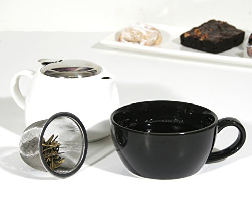 Janazala Teekanne und Tasse, Tea for One, Tee Set Porzellan Mit Infuser Tee und Bambus Untersetzer in Geschenkbox, Geburtstagsgeschenk für Mama, Geschenk für Schwester, Vater, Weiß / schwarz - 2