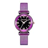 Damen Uhren, L'ananas Frauen Mode Blütenblatt Diamant schneiden Sternenhimmel Zifferblatt Mesh-Band Armbänder Armbanduhren Women Watches Wristwatches (Lila)