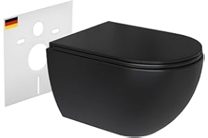 Alpenberger Hänge WC Spülrandlos in Matt Schwarz | Gäste WC Kloschüssel Keramik Toiletten | WC-Sitze Softclose Toilettensitz | Toilettenschüssel mit Schallschutz | Wand WC Set Passend Geberit