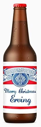 Erving x4 Merry Christmas Personalised Name Beer bottle budweiser label stickers self adhesive glossy Merry Christmas design The Perfect Gift or stocking filler (STICKERS ONLY - Bottle not included)