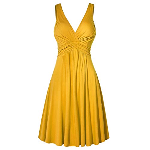 OverDose Soldes Robe Vintage Femme Grande Taille Rockbilly Sexy Col V Chic Robe de Soirée Cocktail, Plisée Au Genou Robe évasée Taille XL-5XL (Jaune,44)