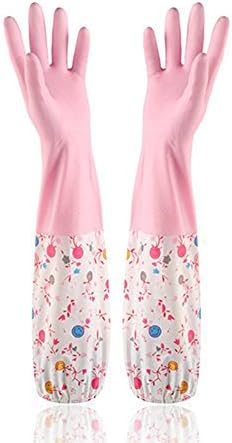Ferryman Kitchen Rubber Cleaning Gloves with Lining Household Thickening PU Waterproof Dishwashing Latex Glove, Large (L, Pink)
